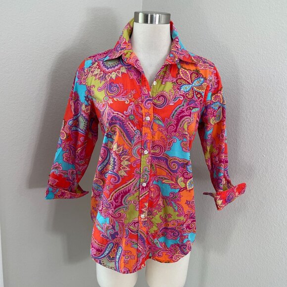 Chaps Womens Medium Paisley Button Up Shirt Vibrant Colorful Blouse 3/4 Sleeve - Picture 1 of 8